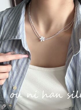 花朵双层叠戴项链纯银女