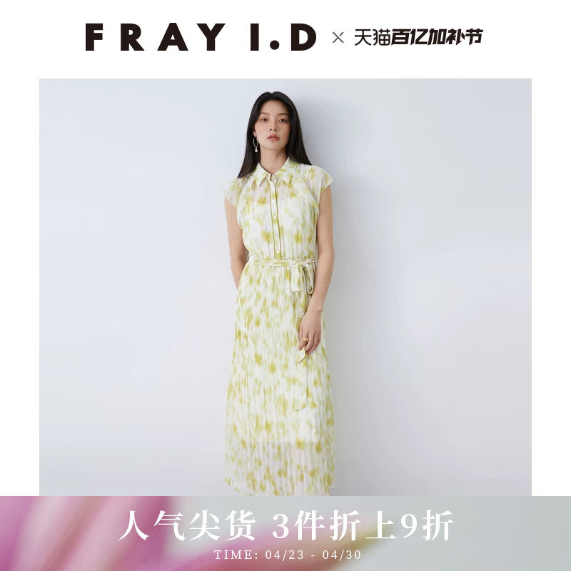 FRAY I.D2025春夏新品优雅翻领印花无袖百褶收腰连衣裙FWFO251077