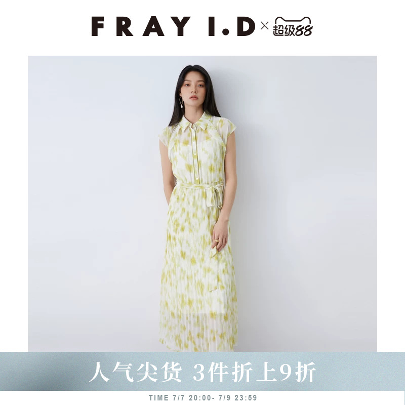 FRAY I.D春夏优雅翻领印花无袖百褶收腰连衣裙FWFO251077