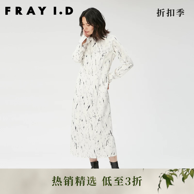 FRAY I.D秋冬缎面圆领后开叉直筒印花连衣裙FWFO235026