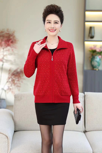 新年款妈妈装秋冬大码针织外套中老年人羊绒羊毛衫翻领拉锁开衫