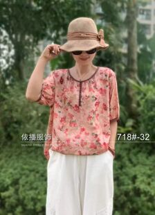 夏季碎花棉麻宽松圆领套头衫休闲短袖洋气圆领复古女大码上衣小衫