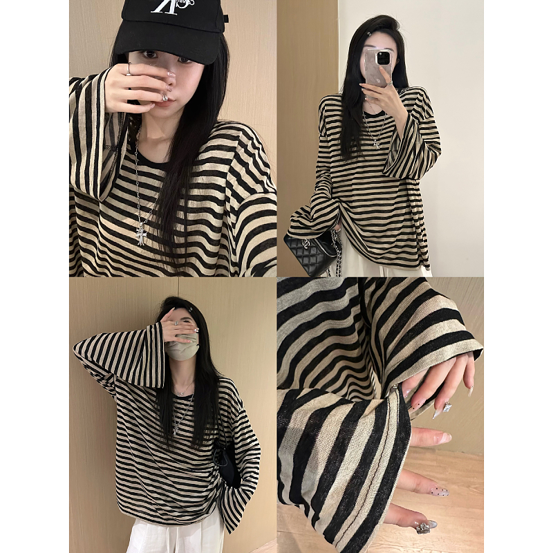 MISSJINYU  松弛感条纹宽松圆领t恤夏天丝慵懒防晒薄款长袖上衣女