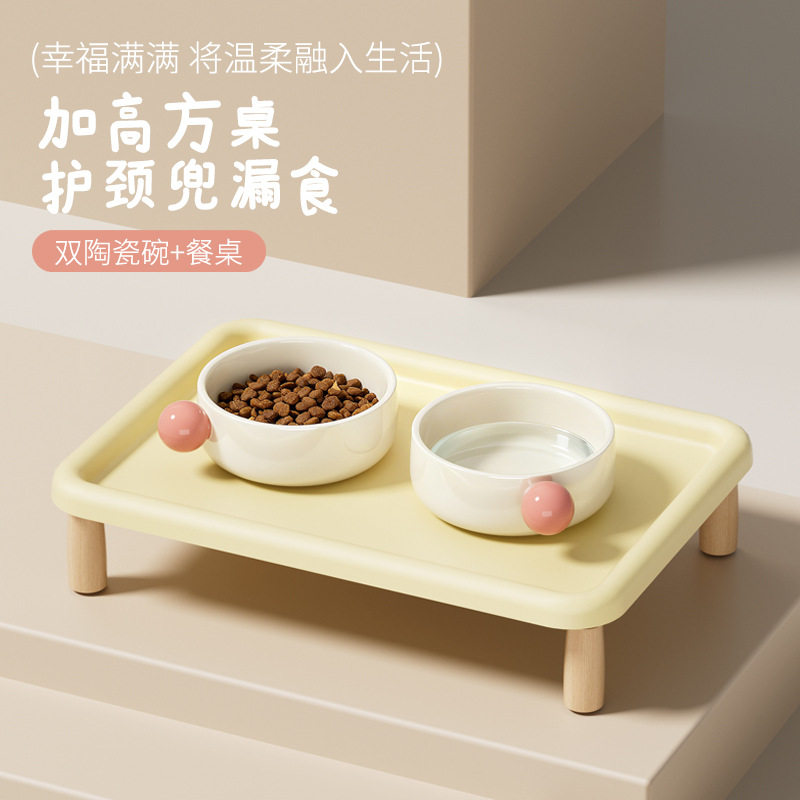 原创糖豆陶瓷双碗宠物餐盘猫碗创意萌宠专属大口径碗猫碗狗碗