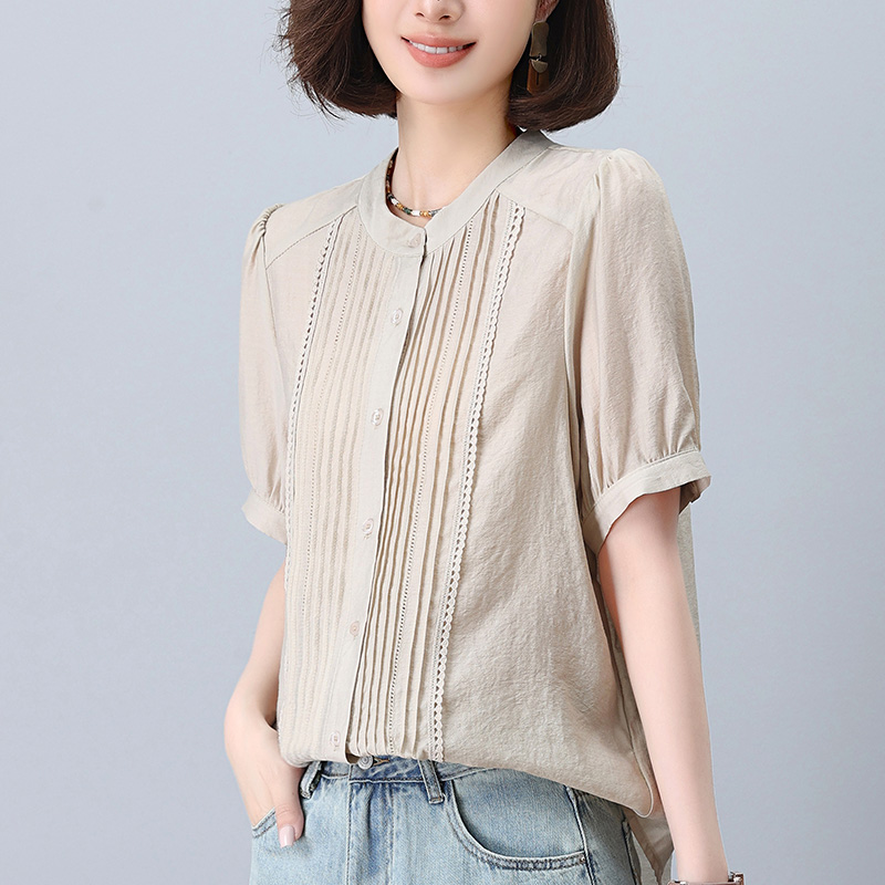 立领重工压褶衬衫女2025夏季新款薄款轻奢高级感短袖防晒上衣外套
