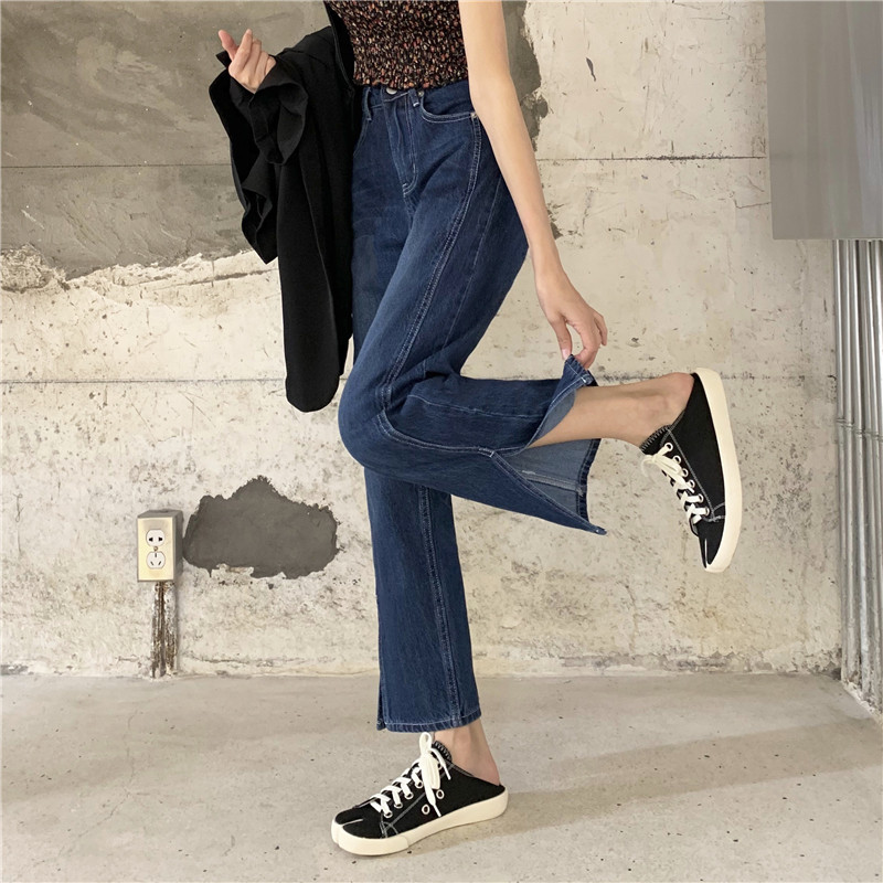 Real photo, real price, 9-point straight tube, high waist, skinny, retro split, washed jeans, female