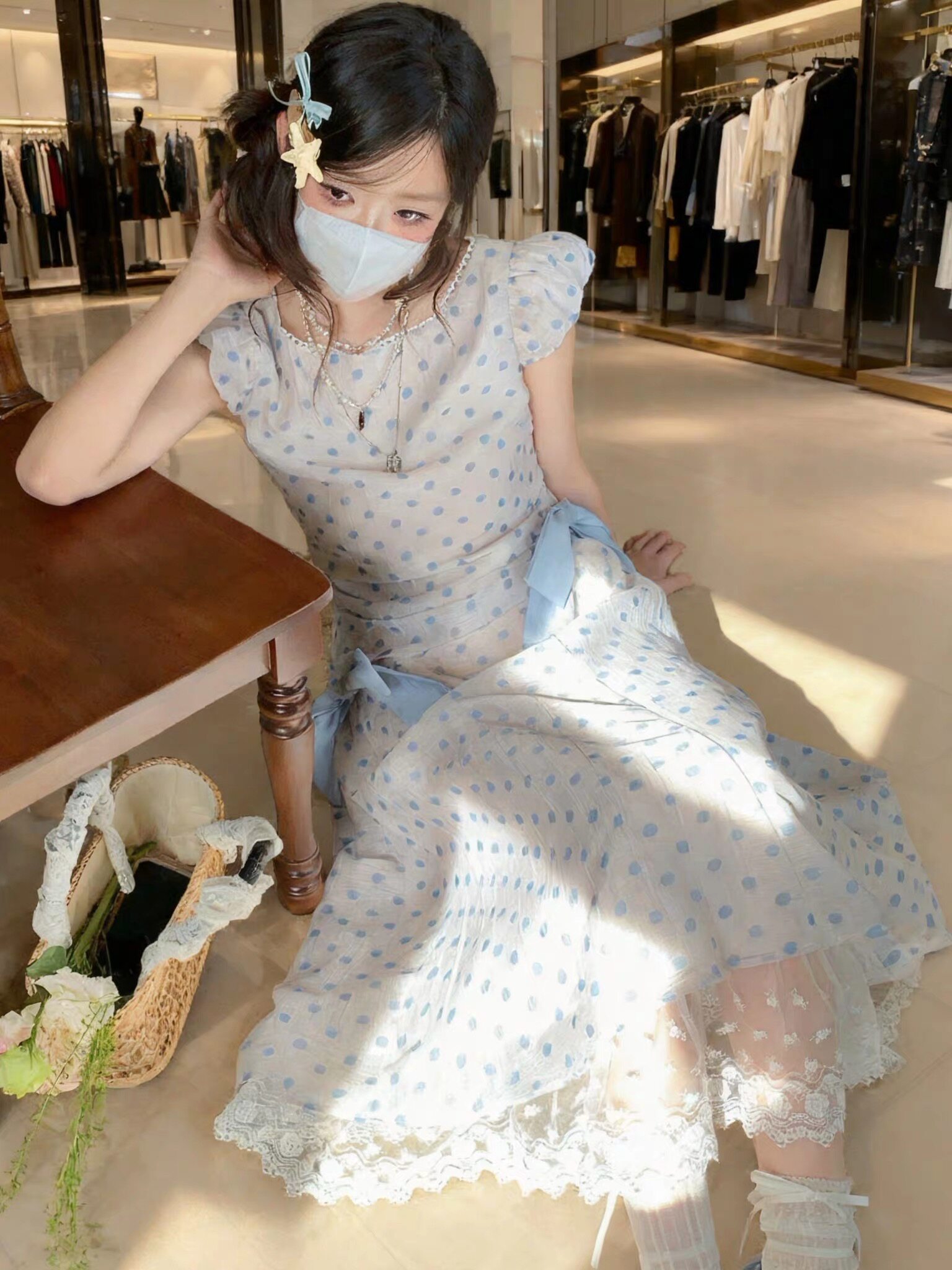 阮阮自制 蓝雾波点 复古氛围感连衣裙女夏季蝴蝶结蕾丝花边裙子