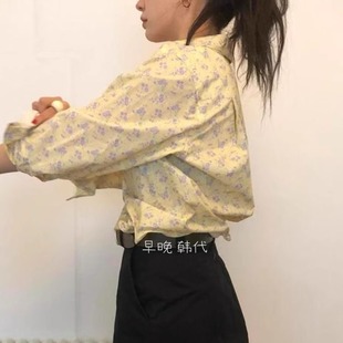 weare韩国东大门碎花衬衫翻领黄色春季新款田园复古休闲纯棉设计