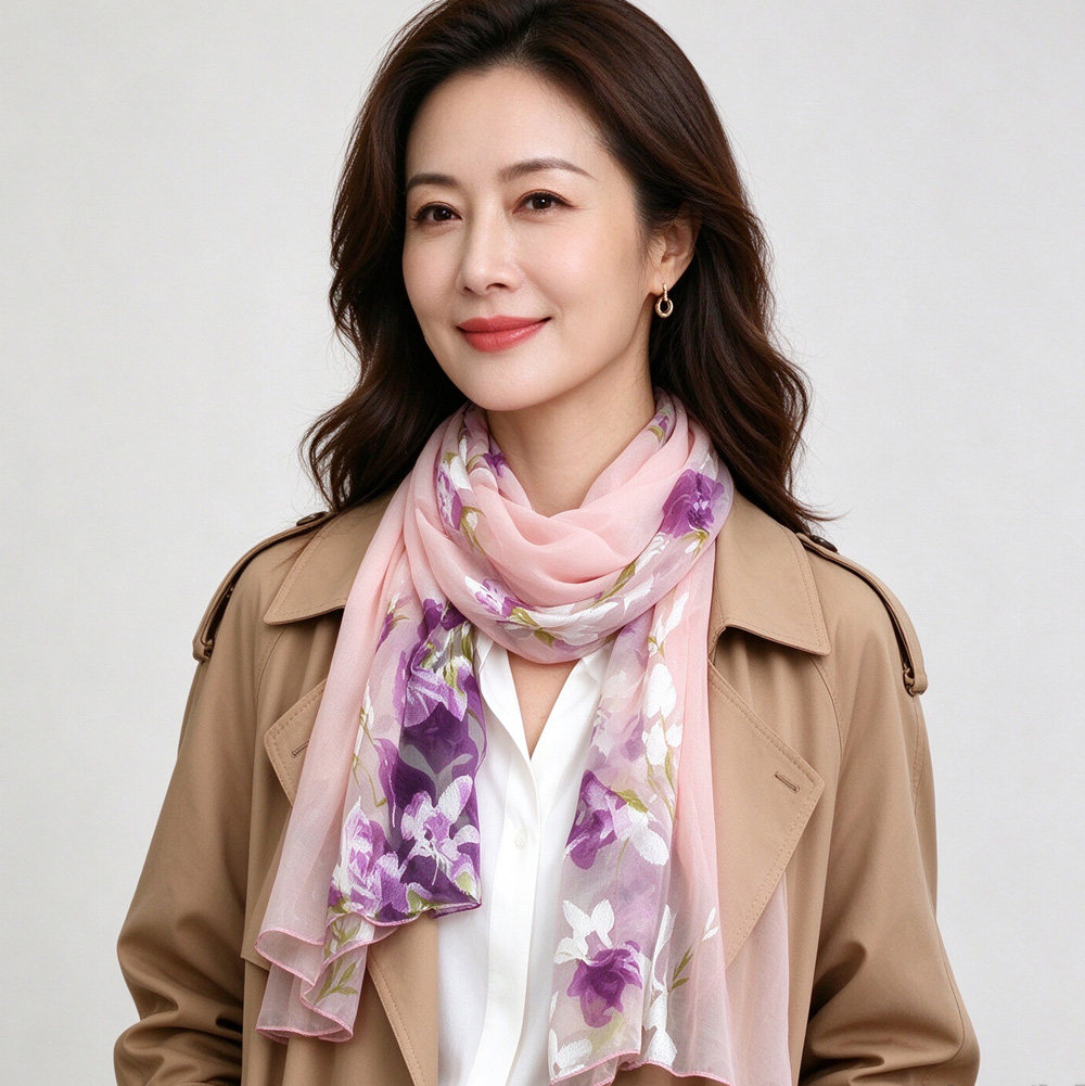 新款拼接丝巾装饰时尚搭配秋冬季长方形纱巾中国风女士围巾粉红色