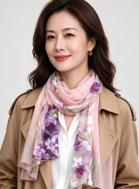 新款拼接丝巾装饰时尚搭配秋冬季长方形纱巾中国风女士围巾粉红色