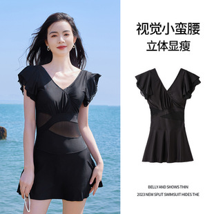 秋冬季酒店温泉泳衣高腰显瘦v领女士泳装法式荷叶袖连衣裙女小众
