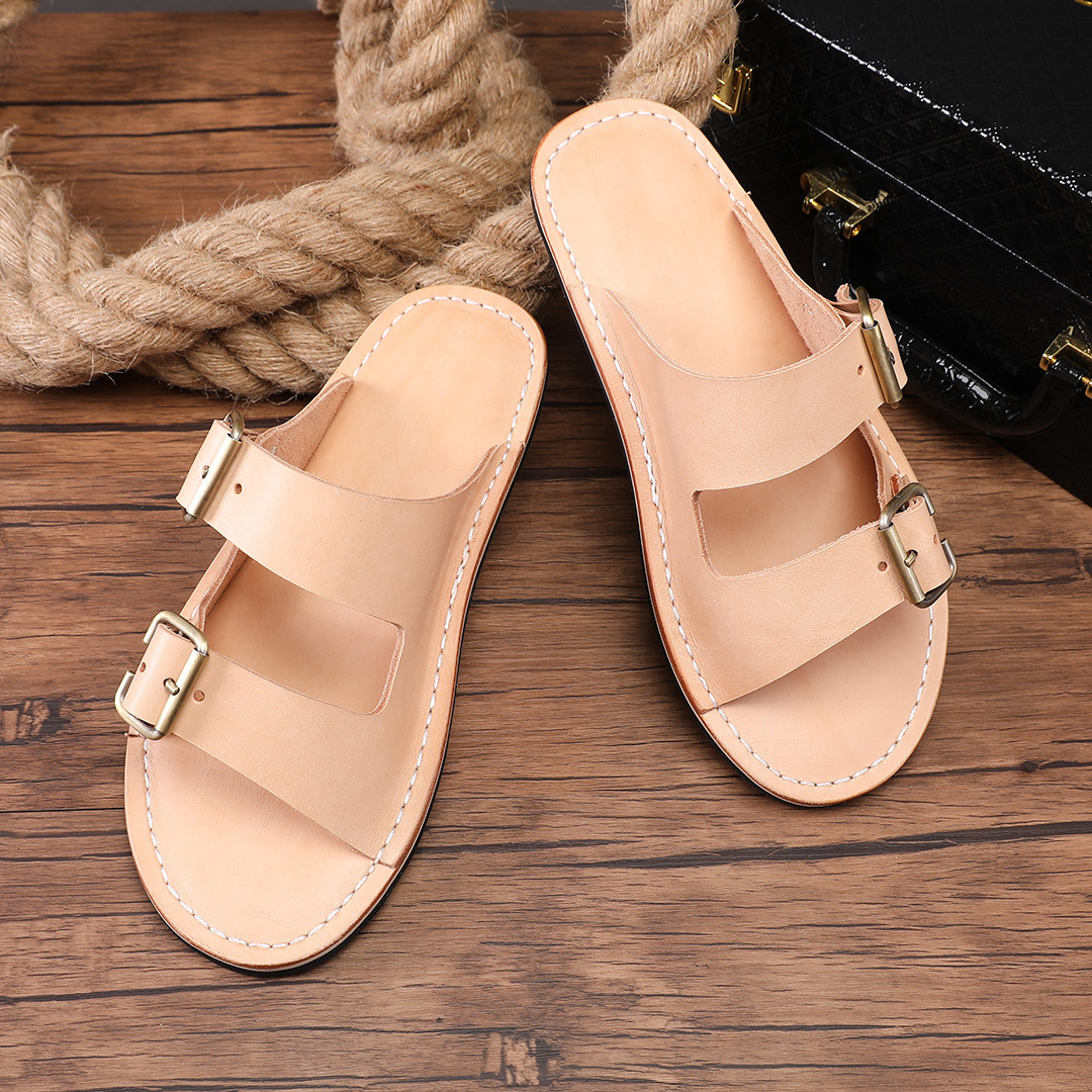 手工固特异缝线凉鞋植糅牛皮可养皮情侣款变色吸汗透气沙滩拖鞋