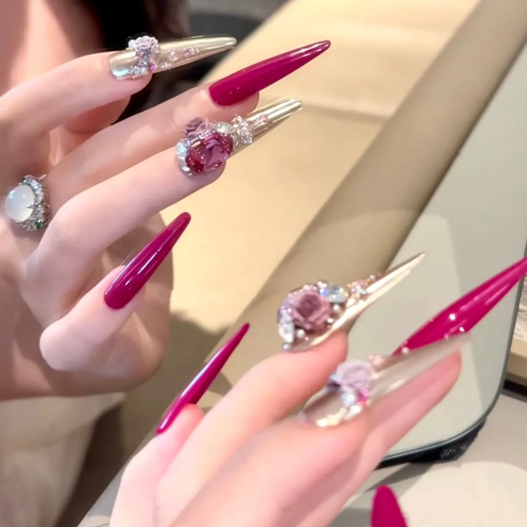 纯手工美甲穿戴甲富家千金感玫红色魔镜粉爆闪碎钻长款美甲显白,彩妆/香水/美妆工具,穿戴甲/甲片,淘宝优惠券,粉丝福利购,淘宝优惠卷