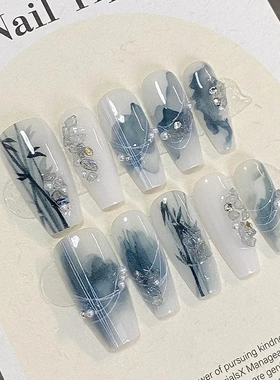 手工穿戴甲蓝色新中式国风手绘水墨晕染竹子显白高级清冷感美甲片