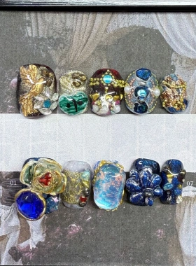 B0103~轻奢宫廷复古金属雕花艺术感显白高级个性短款手工穿戴甲