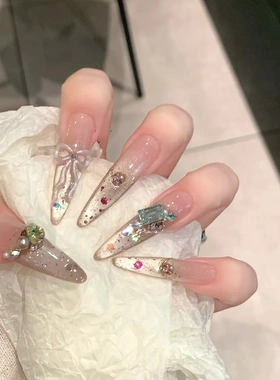 黛瑞森【佛罗浪漫】甜美猫眼法式亮片蝴蝶结美甲K9钻穿戴甲纯手作