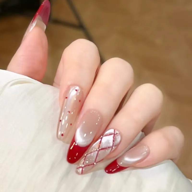 瑞卡曼秋冬新年款红色手工穿戴美甲波点猫眼格纹法式高级感中长款