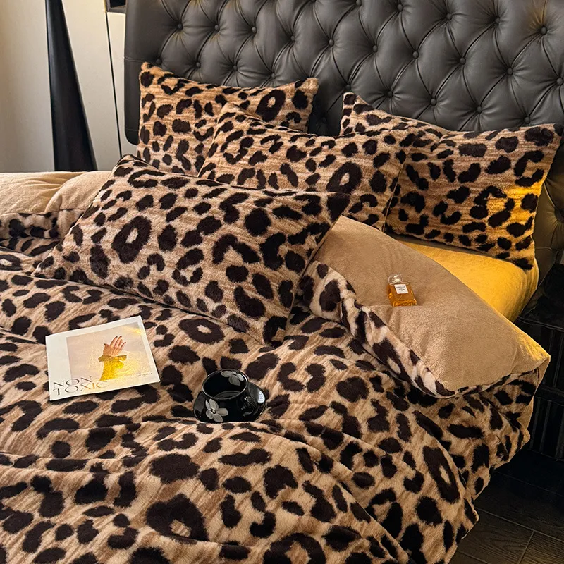 冬季加厚牛奶绒四件套欧美风豹纹兔毛绒双面暖绒被套床单保暖床品,床上用品,床品套件/四件套/多件套,淘宝优惠券,粉丝福利购,淘宝优惠卷