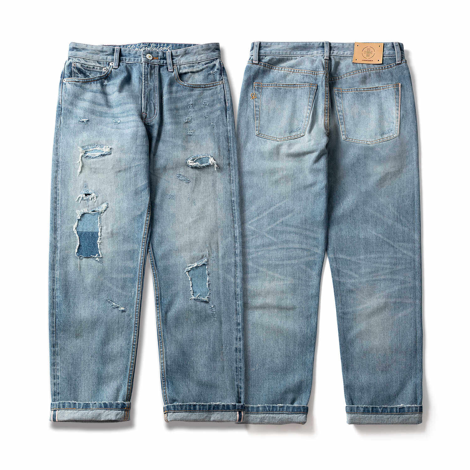 重磅水洗磨破补丁赤耳红边牛仔裤