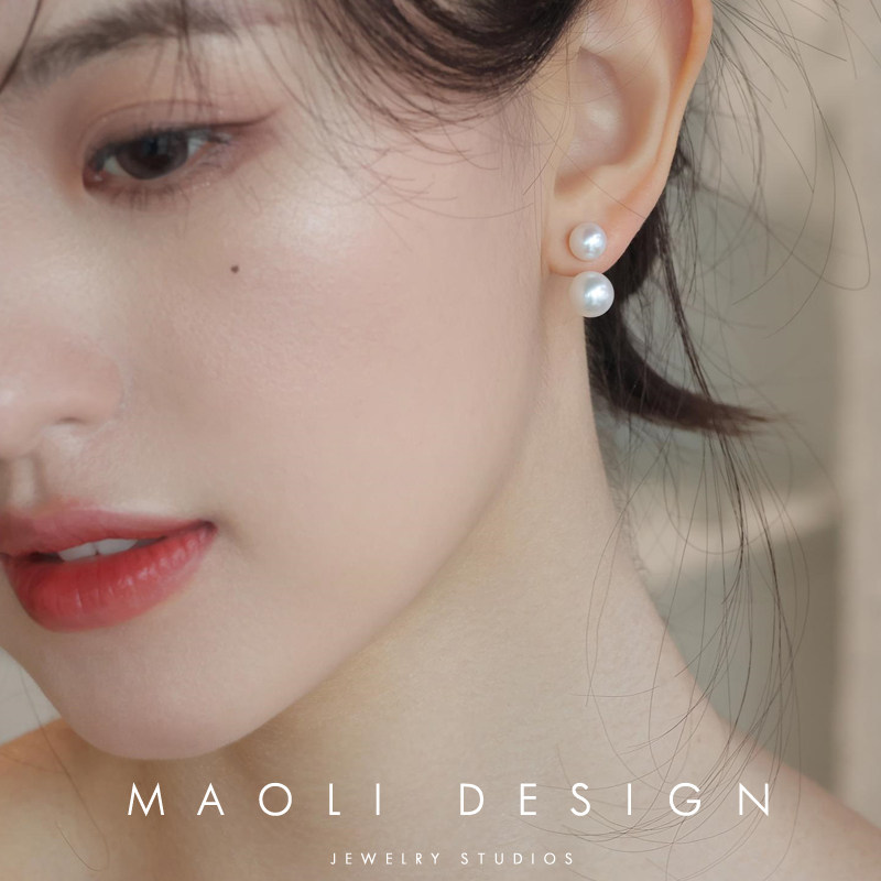 MAOLI/18k真金高品质天然淡水珍珠耳钉宋慧乔同款双珠两用耳环