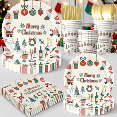 新款MerryChristmas派对餐具圣诞老人盘子纸巾学校圣诞晚会道具品