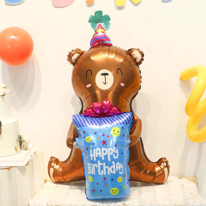 新款卡通坐立生日帽礼物蛋糕小熊气球儿童场景派对装饰拍照道具品