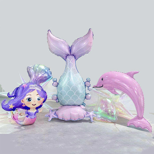 新款海洋主题立体站立美人鱼尾气球儿童生日派对场景装饰拍照道具