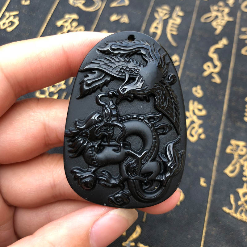 玉佩天然黑曜石龙凤呈祥证书吊坠