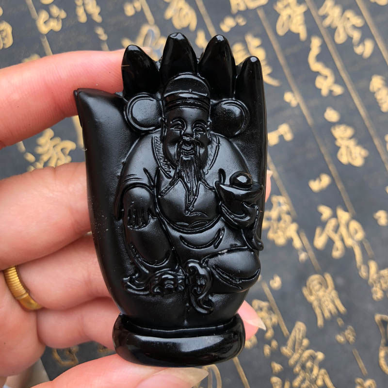 天然黑曜石佛手麻将玉佩证书吊坠