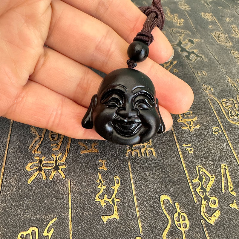 豁达客男女黑曜石玉佛头吊坠笑佛