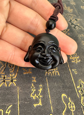豁达客男女黑曜石玉佛头吊坠笑佛