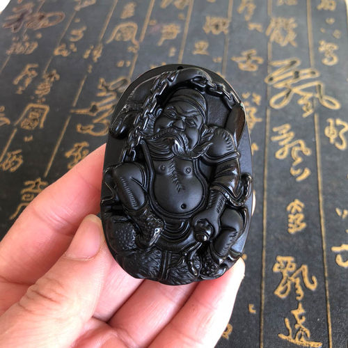 钟馗天然黑曜石本命年证书吊坠