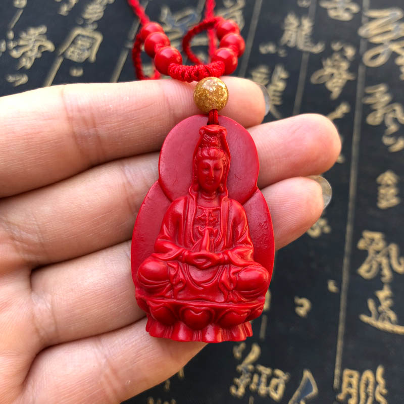 帝王红立体雕刻项链证书观音吊坠