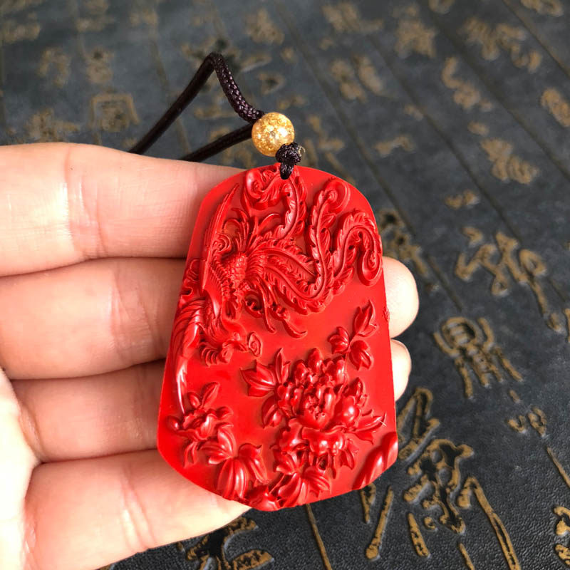 台湾原色朱砂凤戏牡丹玉佩项链招财火凤凰吊坠朱雀挂件送证书