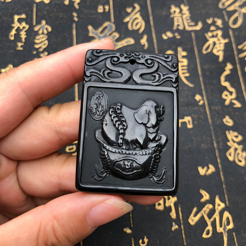 天然黑曜石项链吊坠证书生肖猪