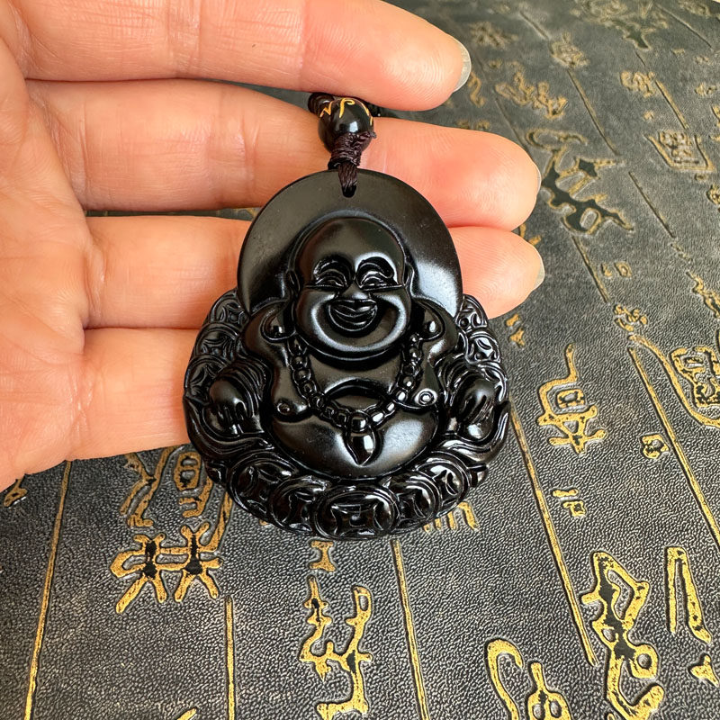 金钱佛吊坠天然黑曜石玉佛挂件男女玉佩项链弥勒佛钥匙扣送证书
