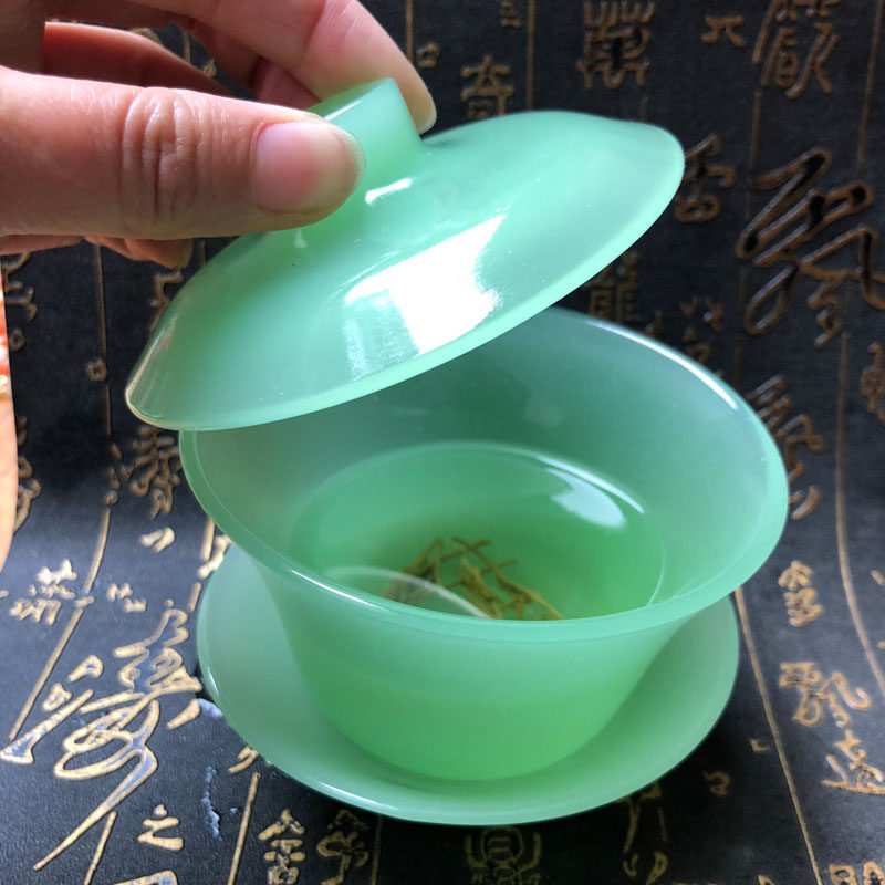 天然仿和田玉功夫盖碗茶家用茶杯玉杯茶具新疆外蒙料茶具玉石茶杯