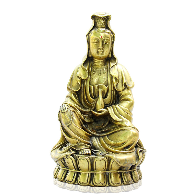 纯铜南海观音摆件供奉莲花宝玉瓶菩萨送证书