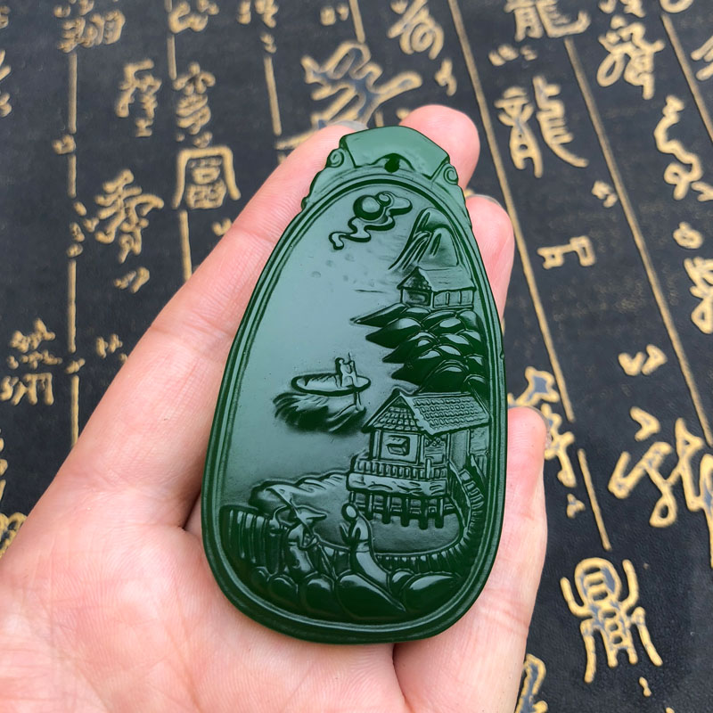 仿和田碧玉精雕山水意境图吊坠菠菜绿男女玉佩送证书