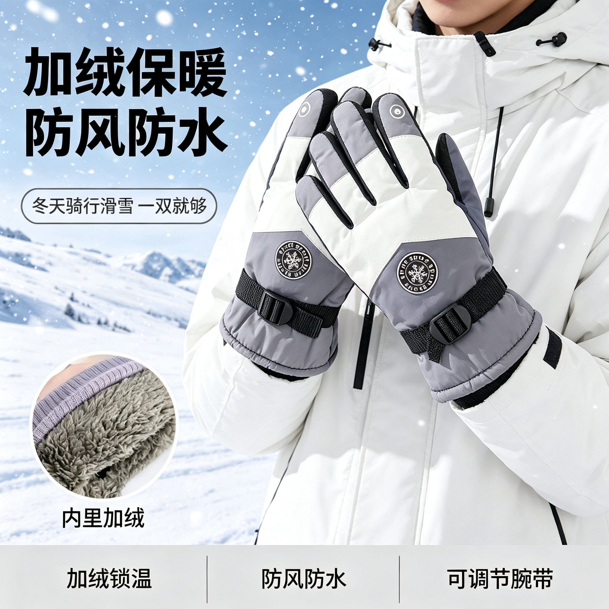 女款加绒保暖触屏滑雪手套