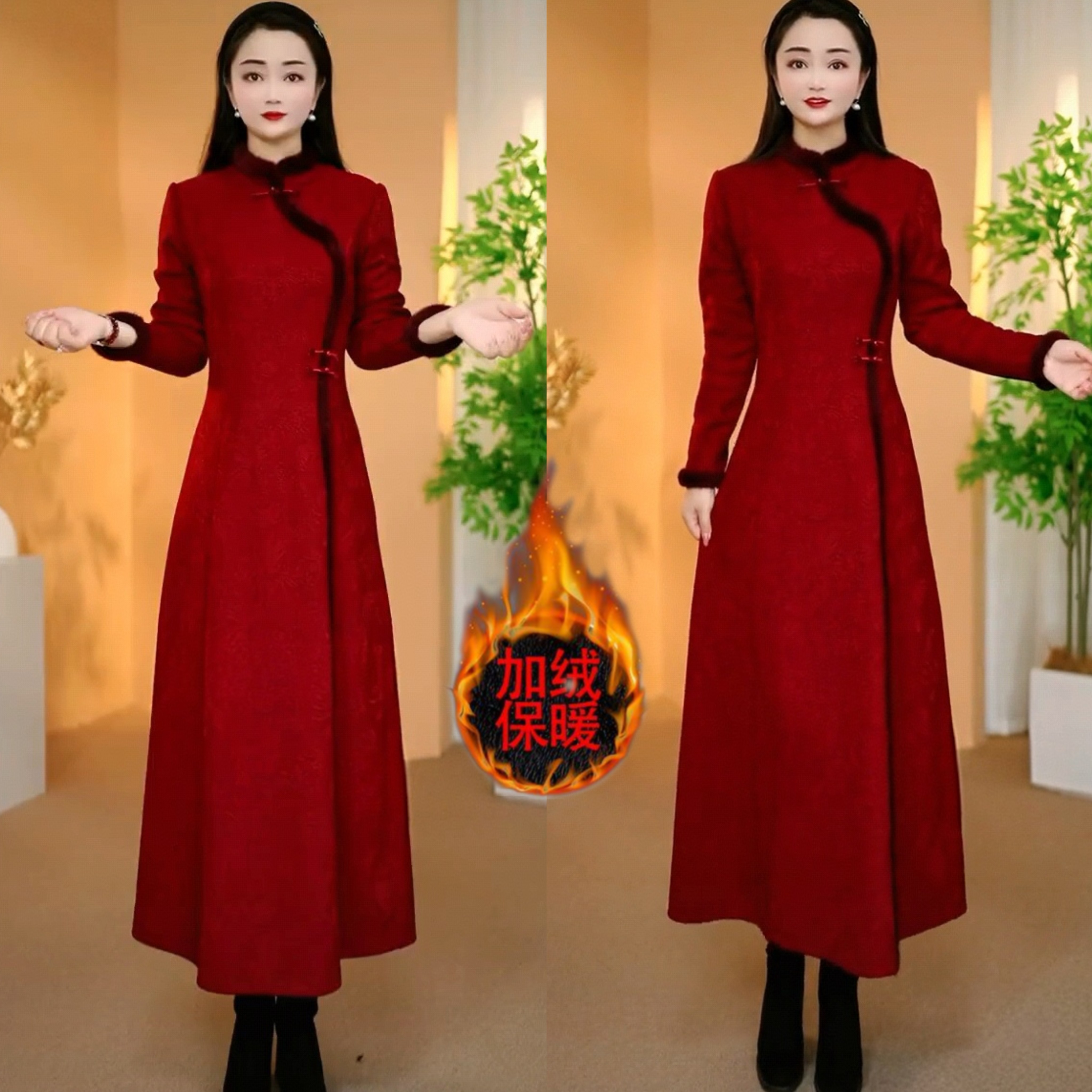 时尚妈妈加绒加厚改良旗袍连衣裙秋冬新款气质显瘦高贵洋气长裙子