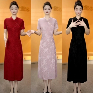 妈妈夏装裙子洋气纯色新款高定云锦丝提花刺绣斜门襟旗袍连衣裙女