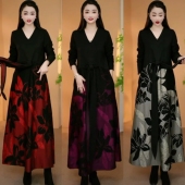 连衣裙女春秋大码 新款 加厚云锦丝浮雕定位花长款 宽松显瘦系带裙子