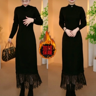 2025秋冬新款 气质百搭显瘦保暖蕾丝拼接长裙 加绒加厚连衣裙女时尚