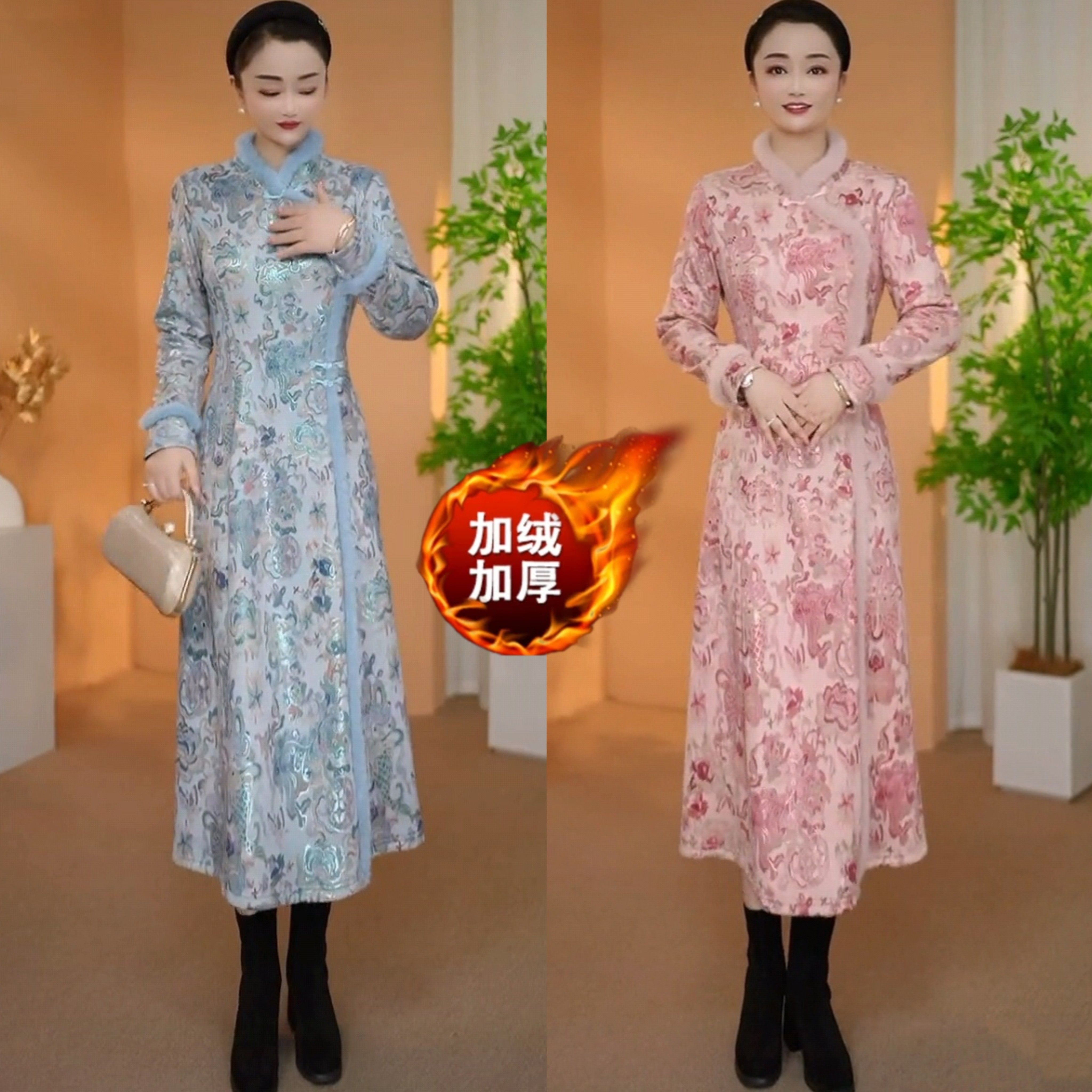 秋冬麂皮绒烫金加绒加厚显瘦旗袍连衣裙中式国风复古提花盘扣裙子