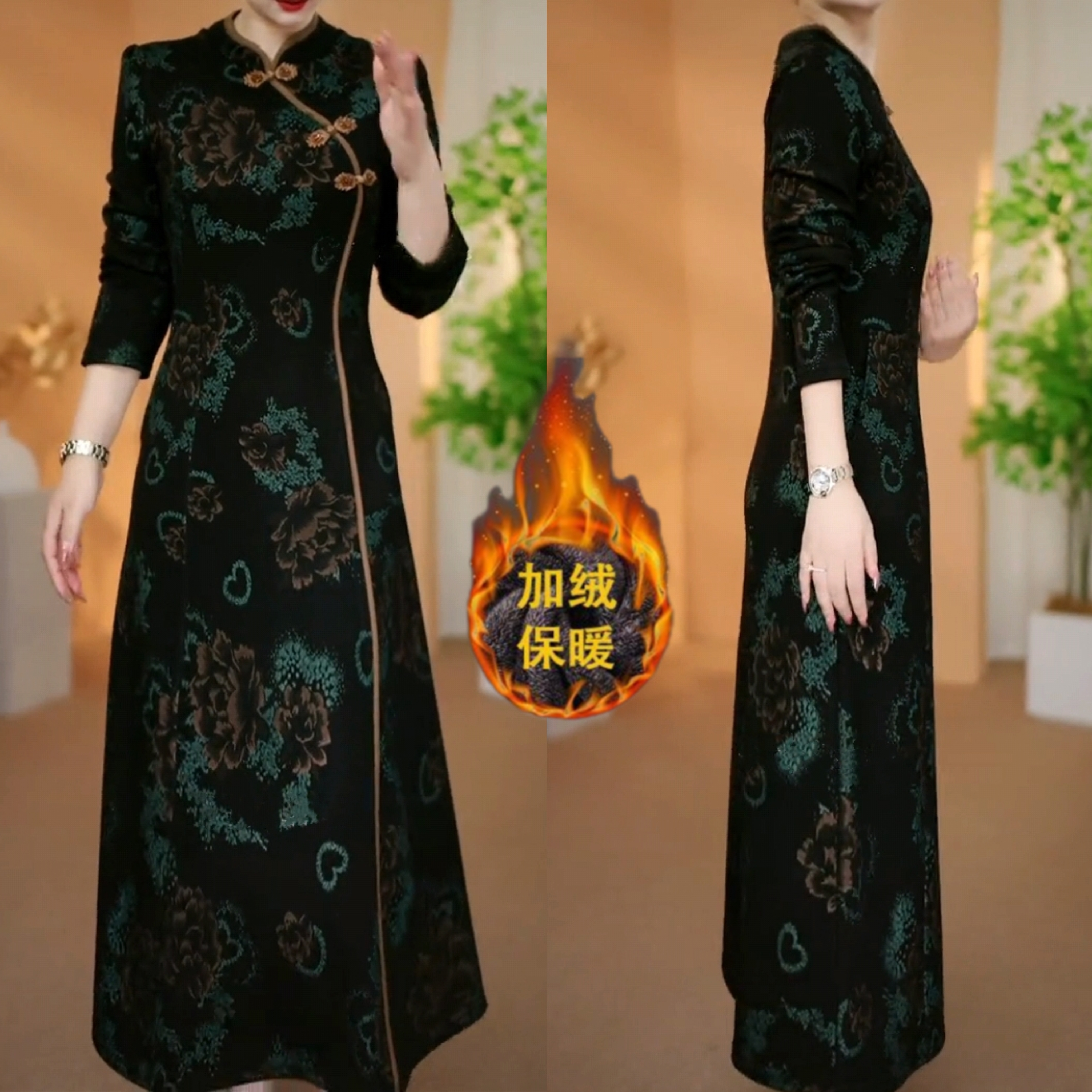 正版遮肚加绒加厚宽松显瘦保暖旗袍连衣裙中老年妈妈秋冬长袖裙子