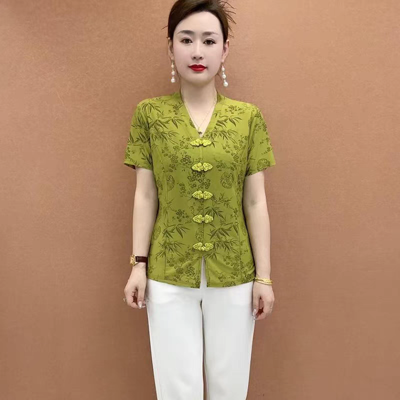 夏季气质冰丝小衫2025新款减龄妈妈装复古盘扣百搭短袖上衣休闲女