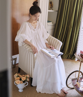 宫廷风纯棉睡裙女春季 家居服 长袖 甜美公主睡衣女蕾丝花边宽松大码