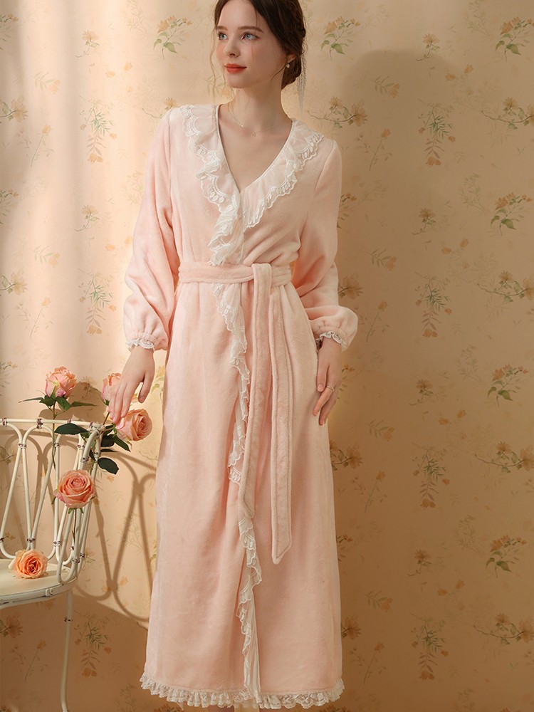 法式宫廷风珊瑚绒睡衣女冬季浴袍