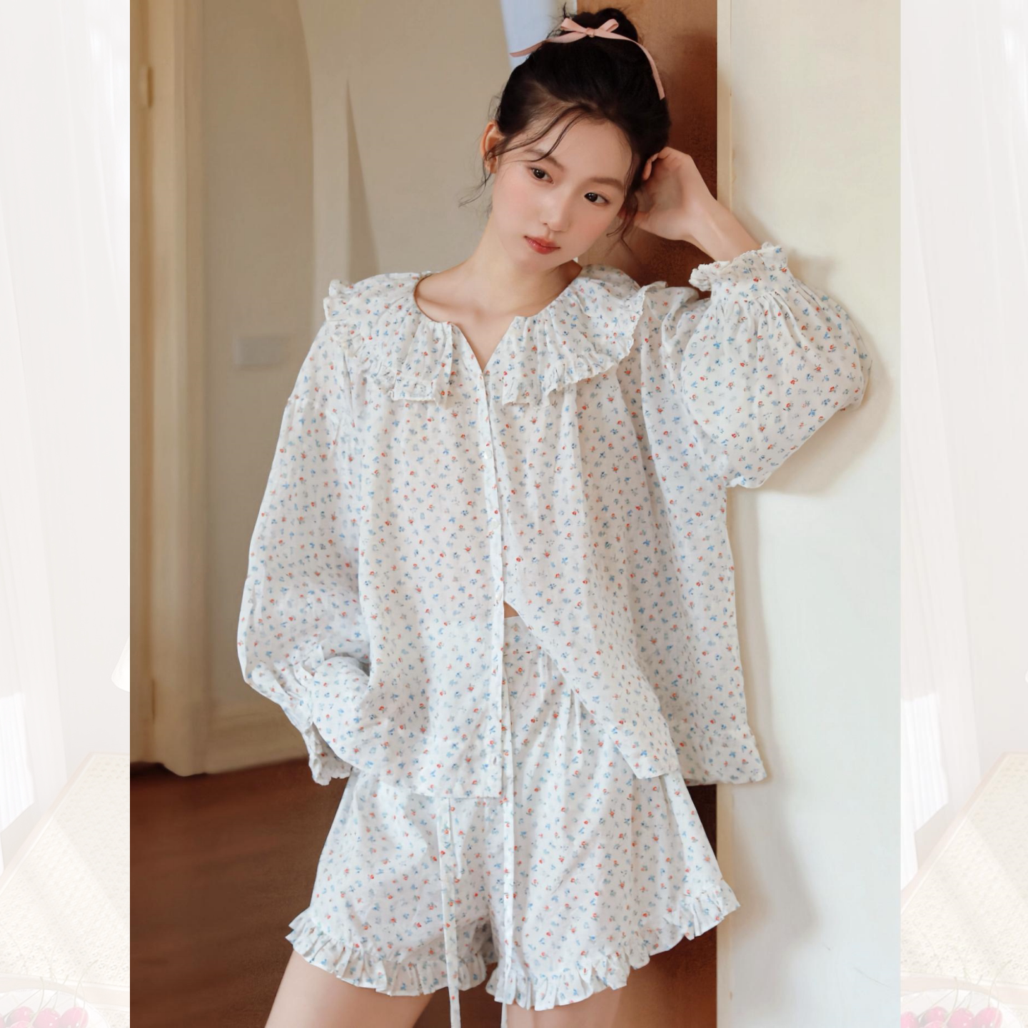 法式甜美韩版睡衣女短袖春夏纯棉甜美可爱休闲可外穿碎花家居服